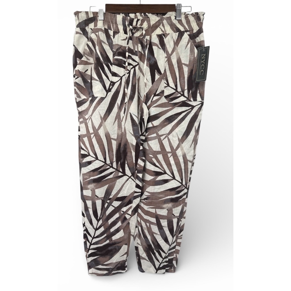 NYCC‎ Linen Blend Pants Womens 8 Tropical Leaf Pull On Elastic Waist Resort NWT
